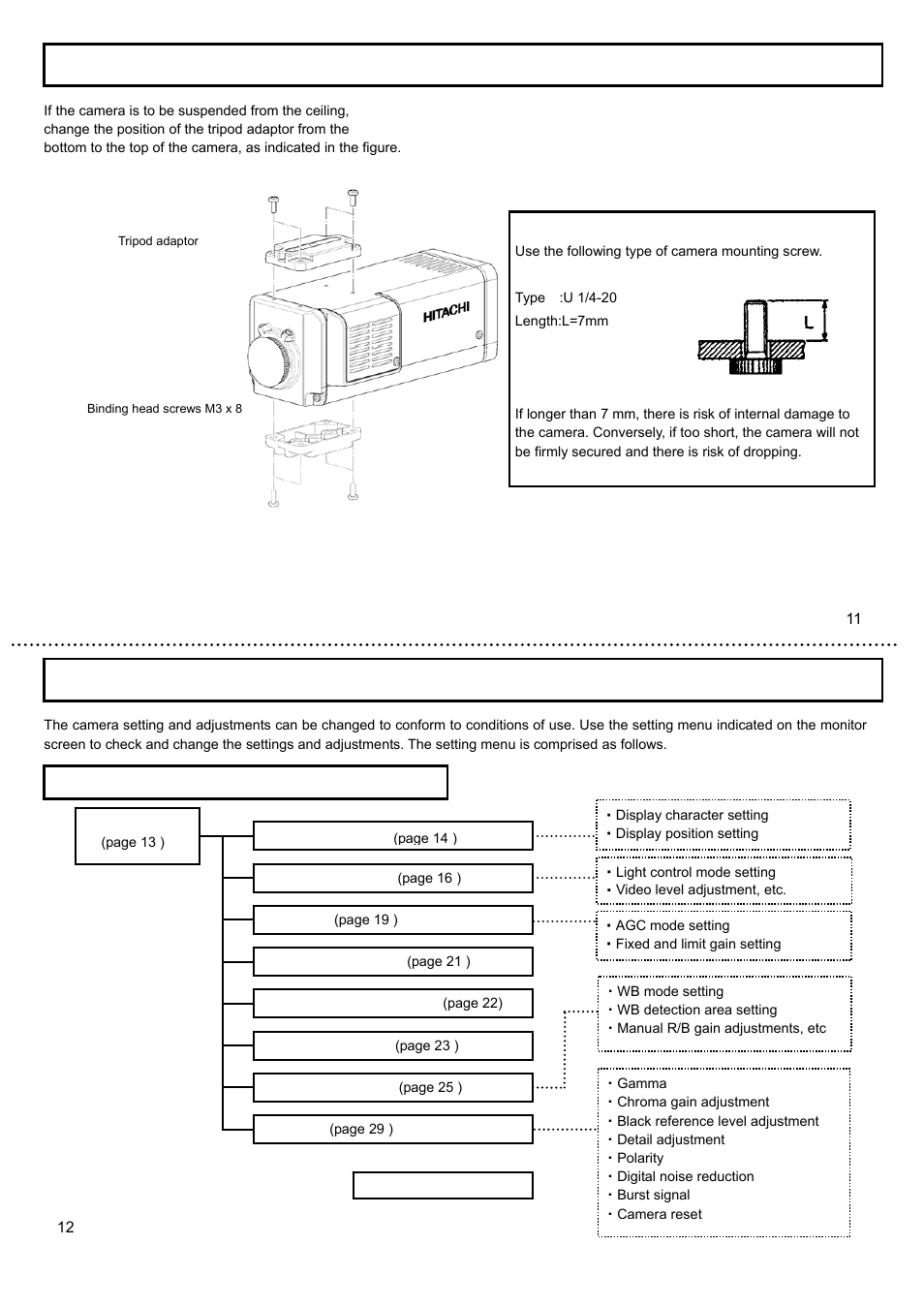 Camera mounting, Setting menu description | Hitachi KP-E500 User Manual | Page 8 / 20