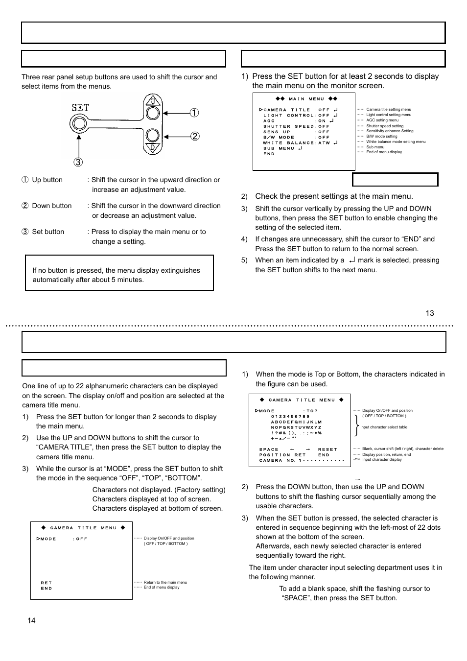 Menu operations main menu, Camera title menu, Check the present settings at the main menu | Display character input | Hitachi KP-E500 User Manual | Page 9 / 20