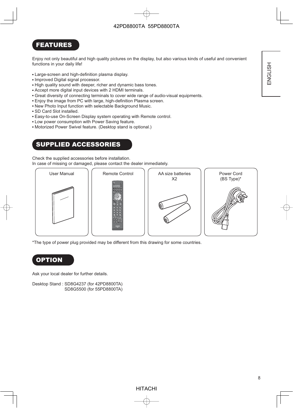 Features, Supplied accessories, Option | Hitachi 42PD8800TA User Manual | Page 10 / 62