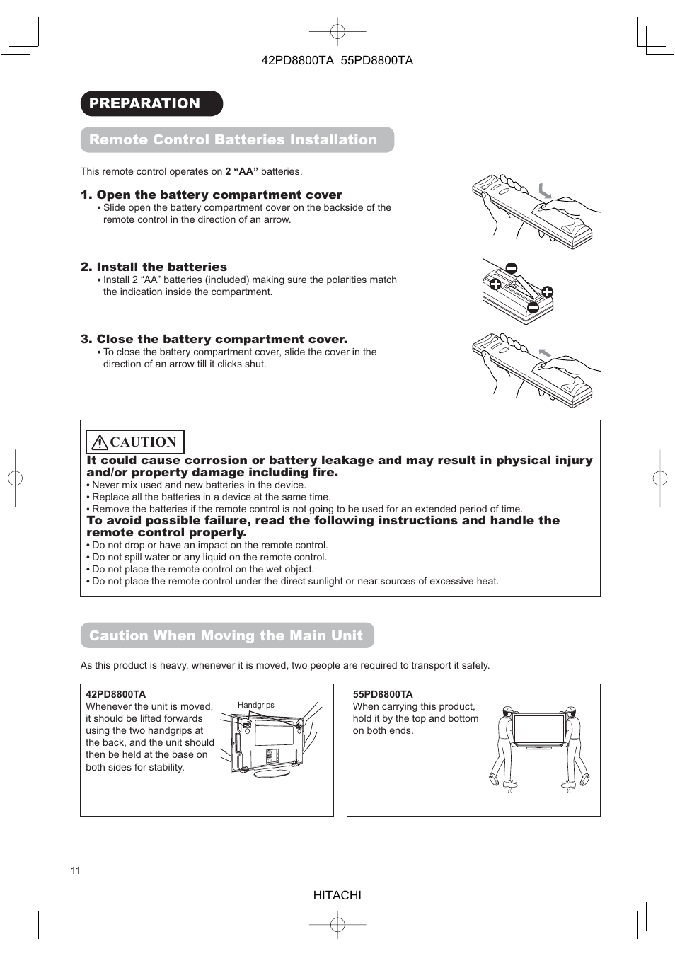 Caution when moving the main unit, Preparation remote control batteries installation, Caution | Hitachi 42PD8800TA User Manual | Page 13 / 62