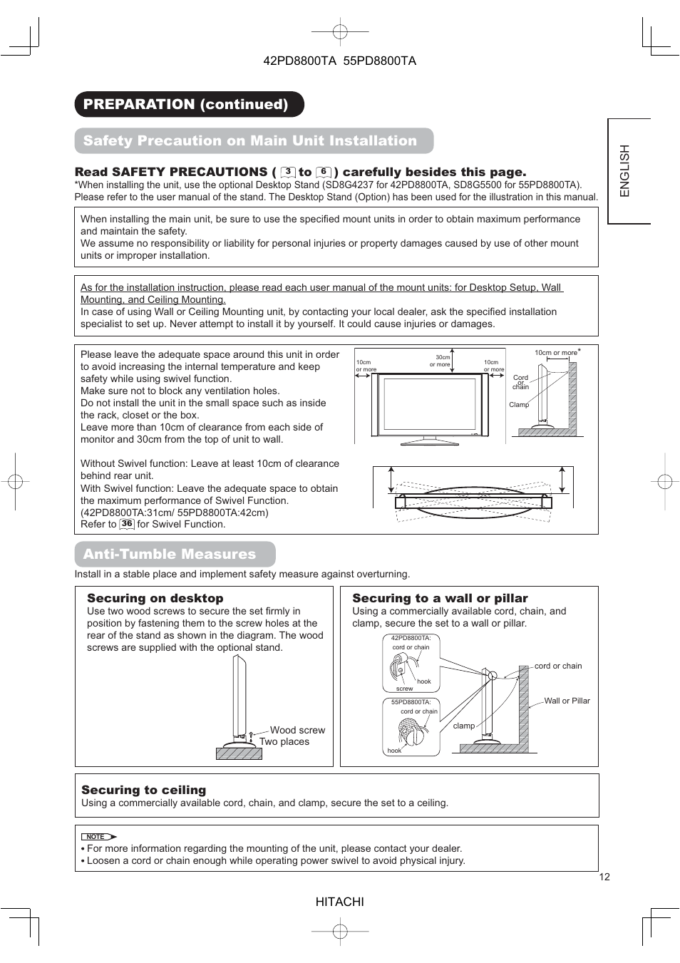 Anti-tumble measures, English, Read safety precautions | Carefully besides this page, Securing to a wall or pillar, Securing on desktop, Securing to ceiling | Hitachi 42PD8800TA User Manual | Page 14 / 62