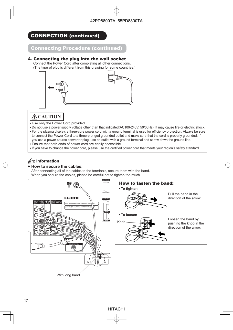 Caution, Information how to secure the cables, Connecting the plug into the wall socket | How to fasten the band | Hitachi 42PD8800TA User Manual | Page 19 / 62
