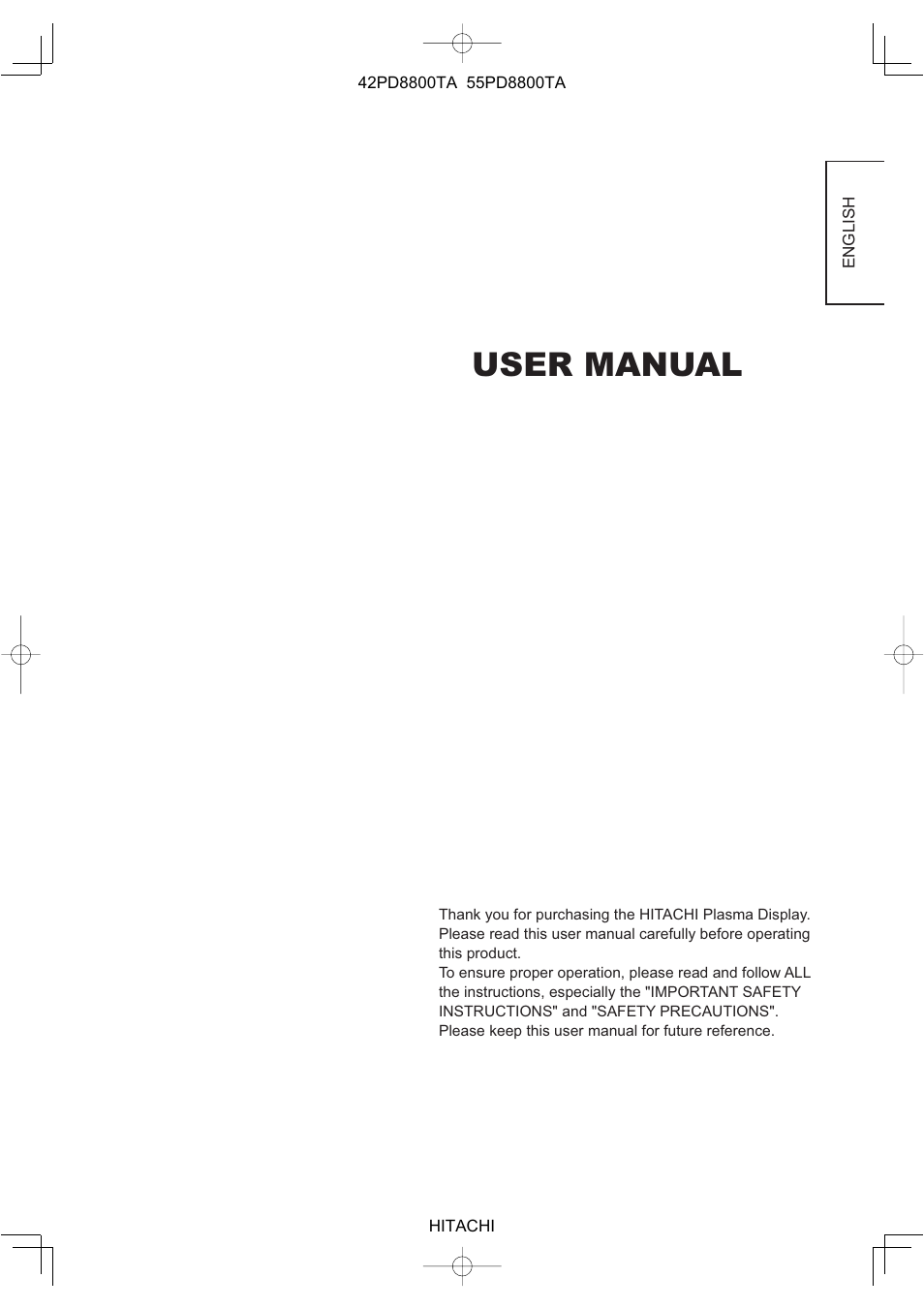 User manual | Hitachi 42PD8800TA User Manual | Page 2 / 62