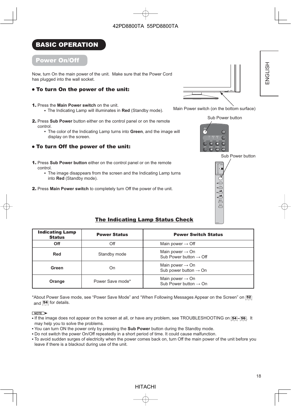 Basic operation power on/off, English, The indicating lamp status check | Hitachi 42PD8800TA User Manual | Page 20 / 62