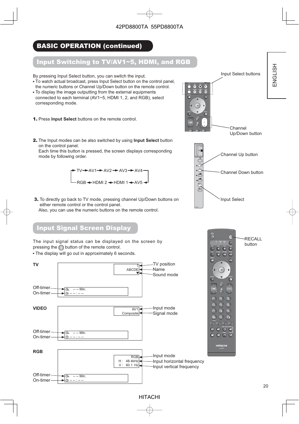 Input signal screen display, English | Hitachi 42PD8800TA User Manual | Page 22 / 62