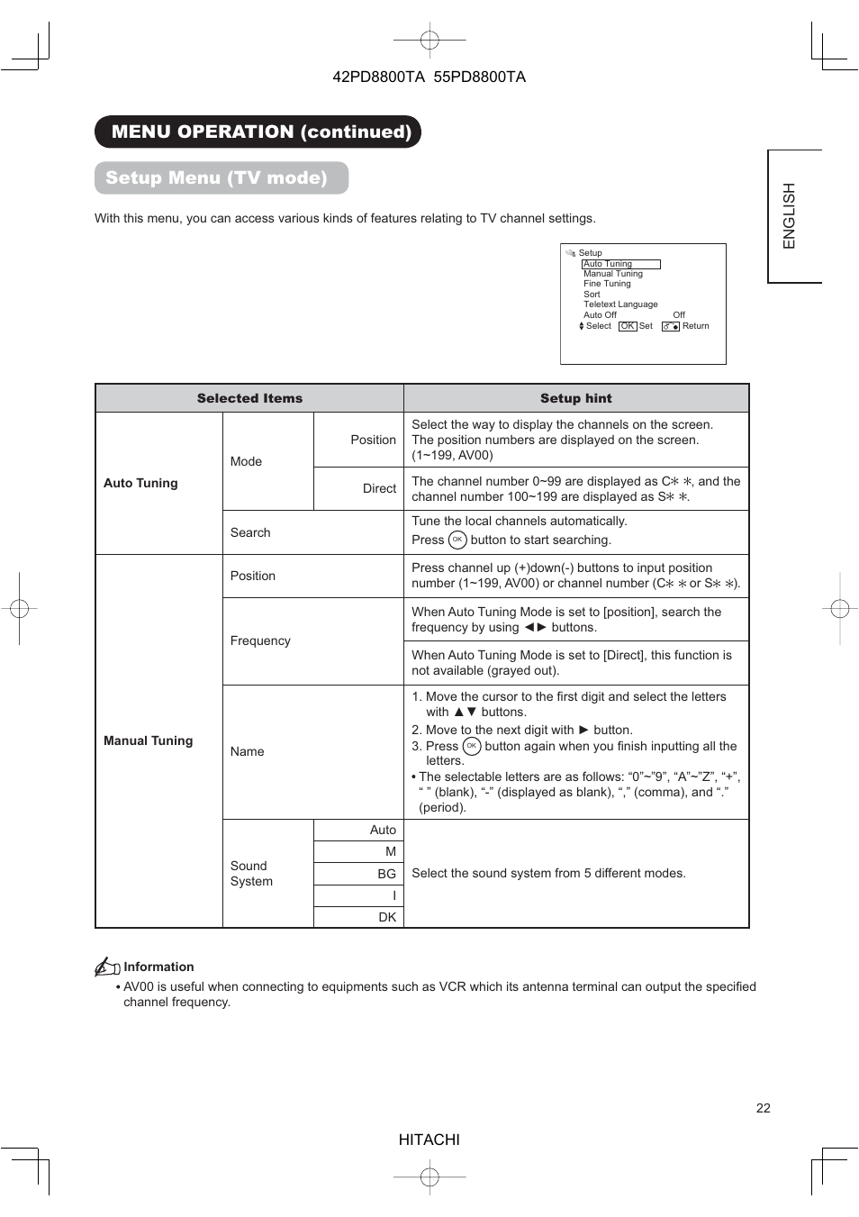 Menu operation (continued) setup menu (tv mode) | Hitachi 42PD8800TA User Manual | Page 24 / 62