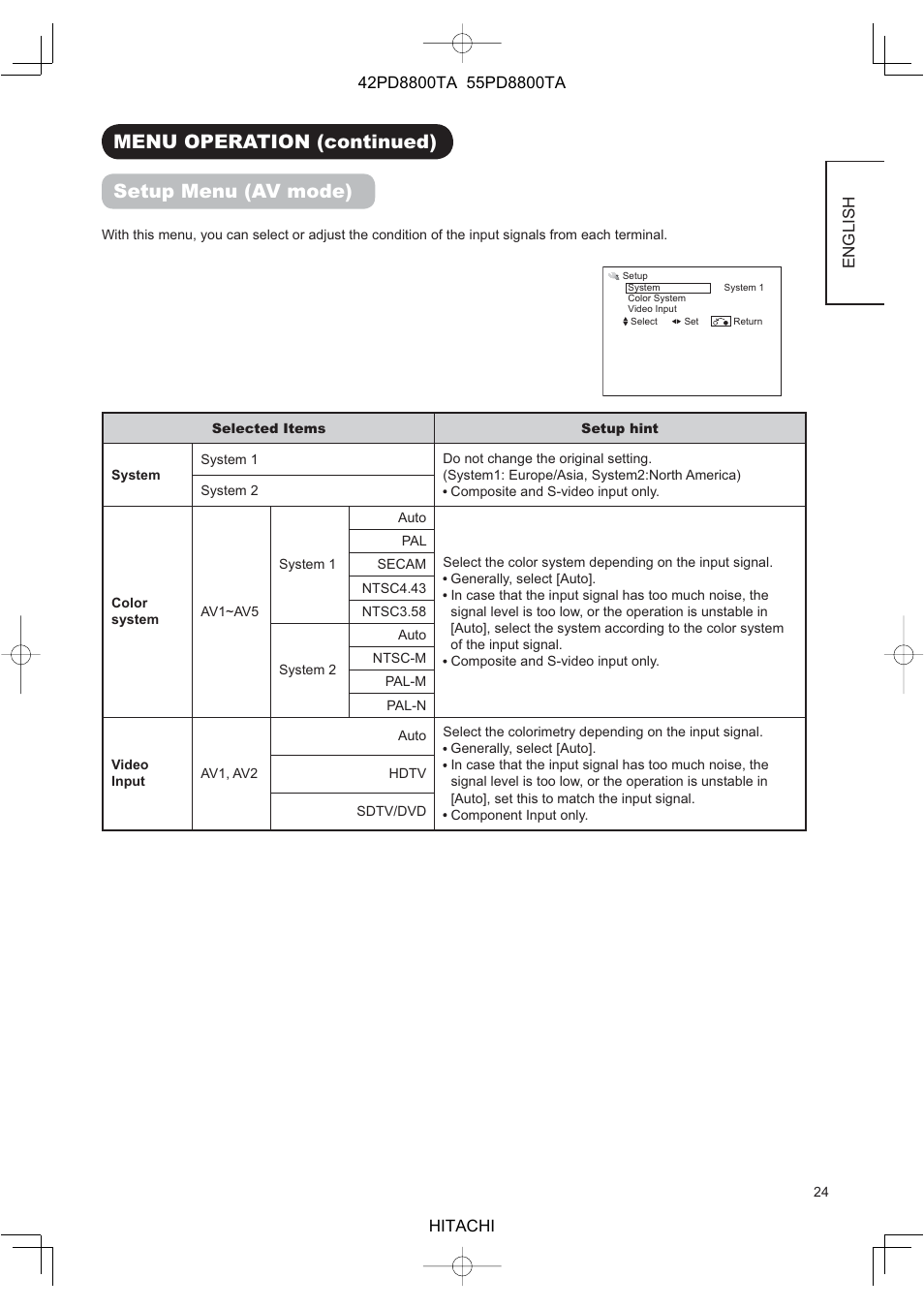 Menu operation (continued) setup menu (av mode) | Hitachi 42PD8800TA User Manual | Page 26 / 62