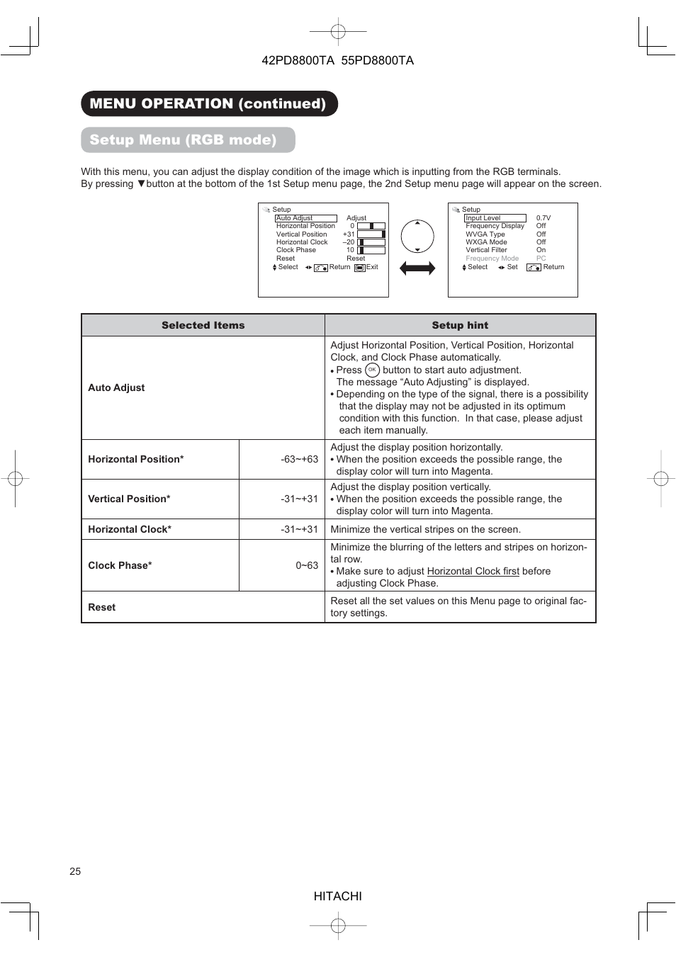 Menu operation (continued) setup menu (rgb mode) | Hitachi 42PD8800TA User Manual | Page 27 / 62