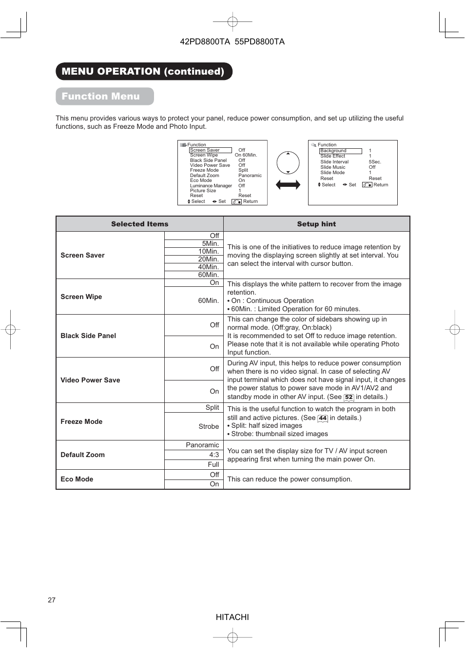 Menu operation (continued) function menu | Hitachi 42PD8800TA User Manual | Page 29 / 62