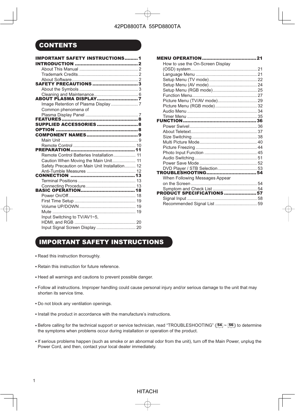 Hitachi 42PD8800TA User Manual | Page 3 / 62
