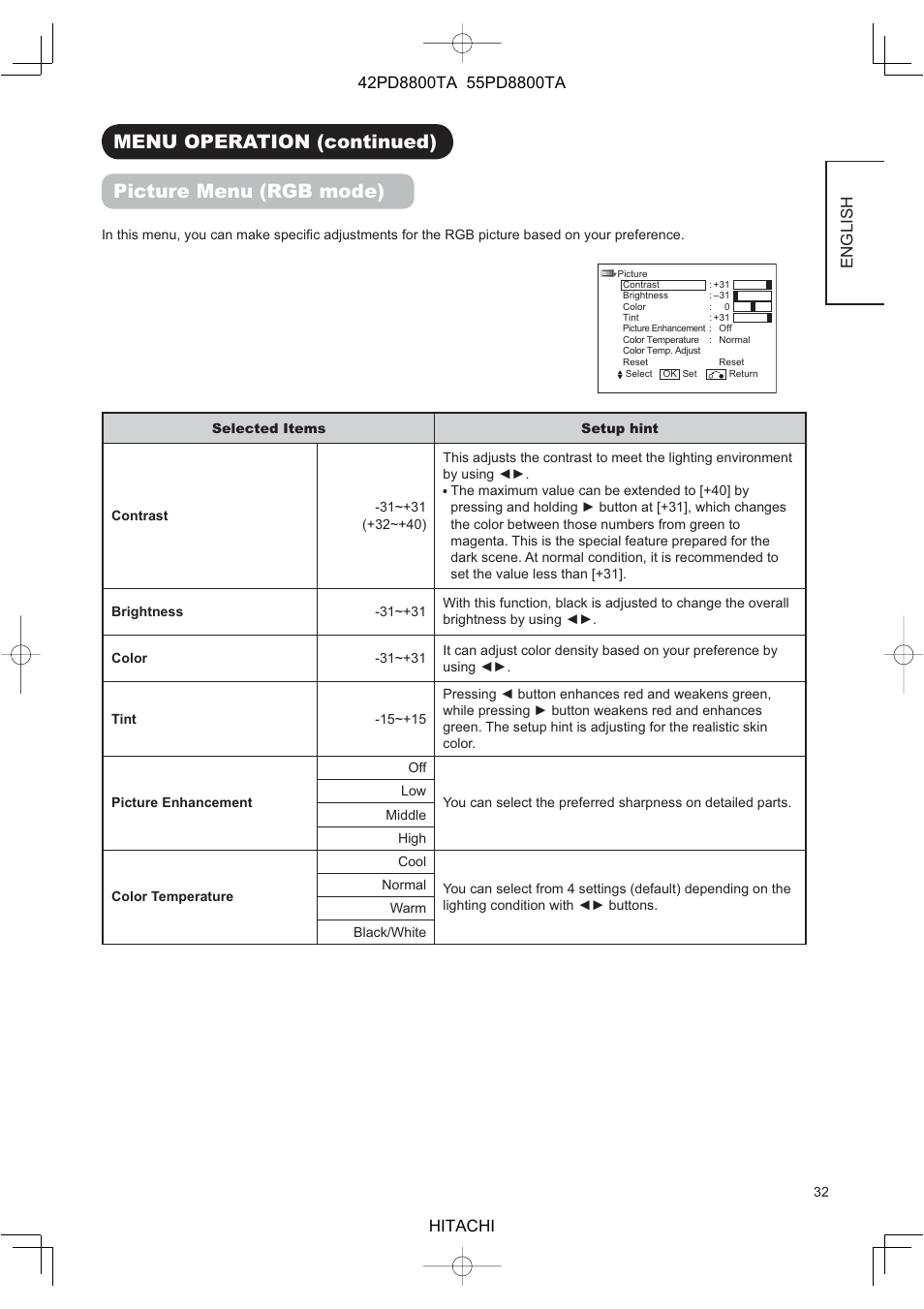 Menu operation (continued) picture menu (rgb mode), English | Hitachi 42PD8800TA User Manual | Page 34 / 62