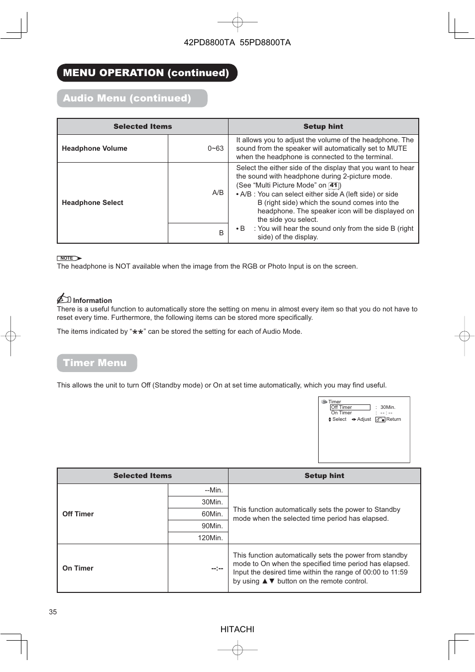 Menu operation (continued) audio menu (continued), Timer menu | Hitachi 42PD8800TA User Manual | Page 37 / 62
