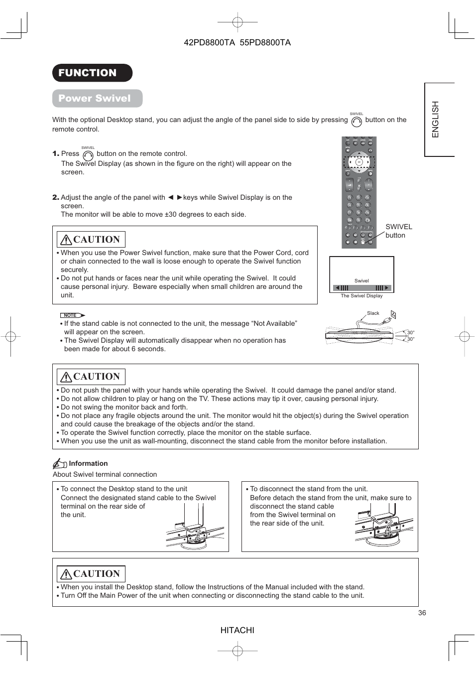 Function power swivel, Caution | Hitachi 42PD8800TA User Manual | Page 38 / 62
