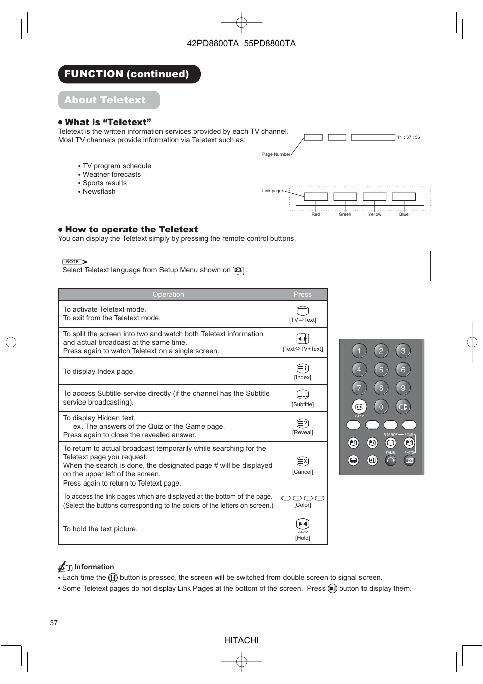 Function (continued) about teletext, What is “teletext, How to operate the teletext | Hitachi 42PD8800TA User Manual | Page 39 / 62