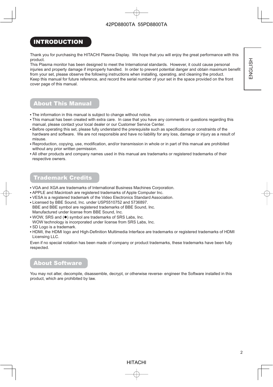 Introduction, About this manual, Trademark credits | About software | Hitachi 42PD8800TA User Manual | Page 4 / 62
