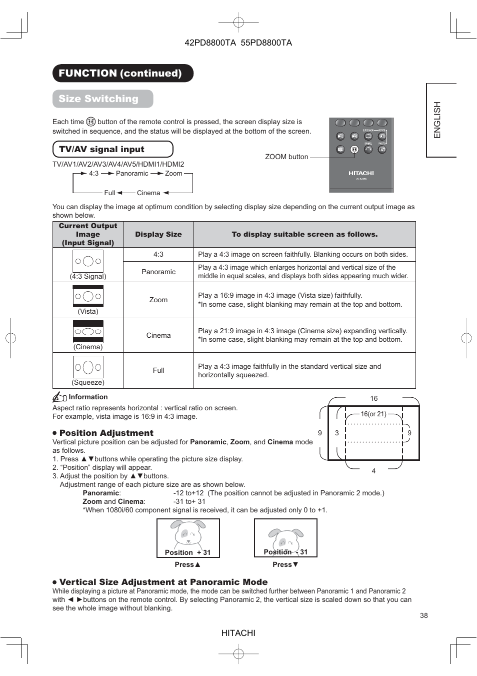 Function (continued) size switching | Hitachi 42PD8800TA User Manual | Page 40 / 62