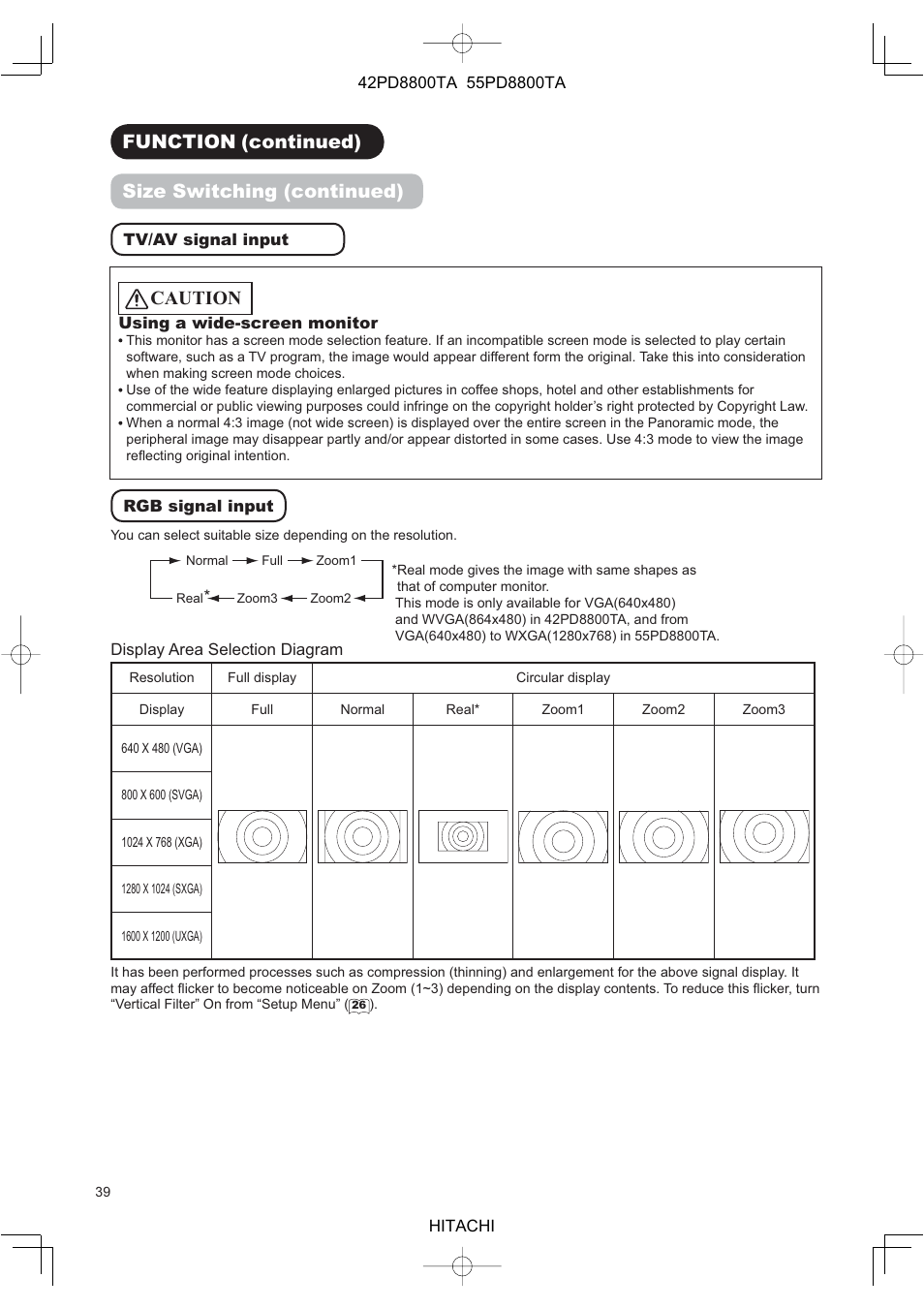 Caution, Function (continued) size switching (continued) | Hitachi 42PD8800TA User Manual | Page 41 / 62