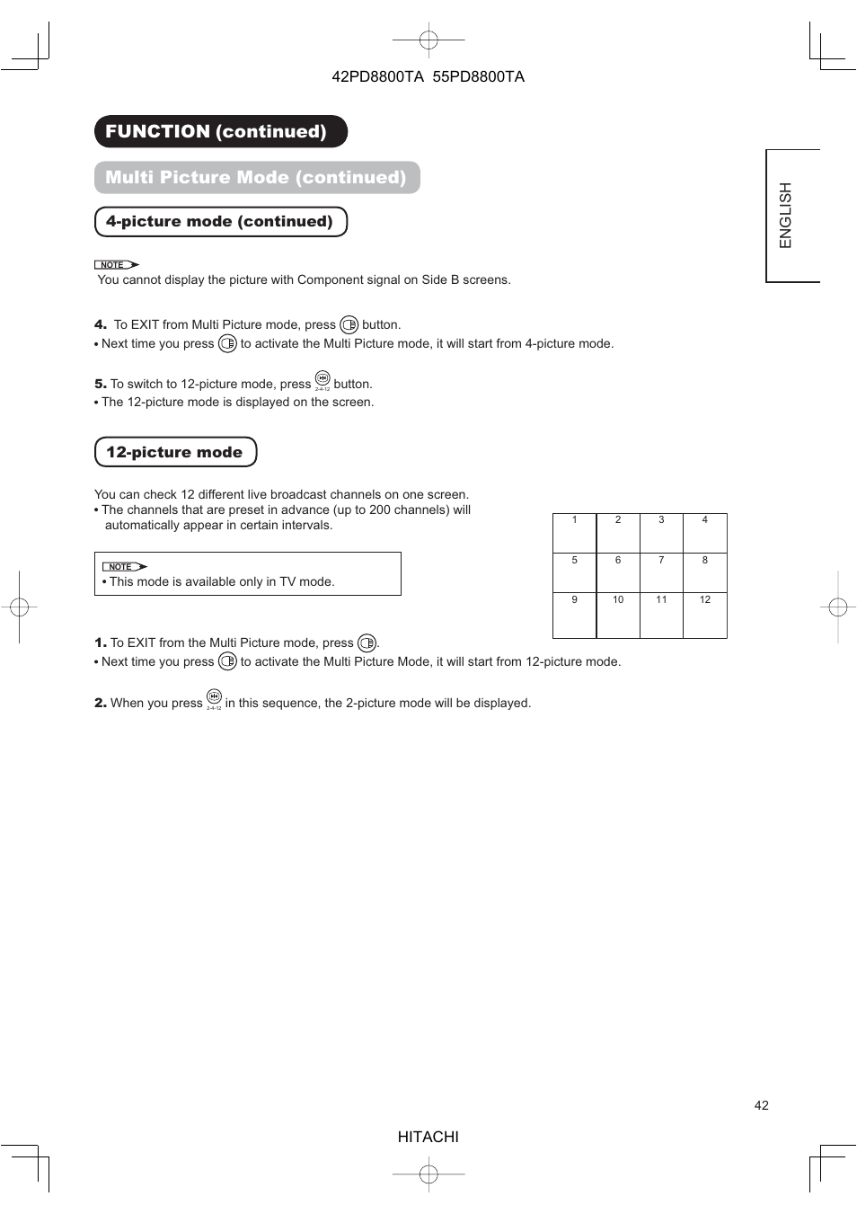 English, Picture mode (continued), Picture mode | Hitachi 42PD8800TA User Manual | Page 44 / 62