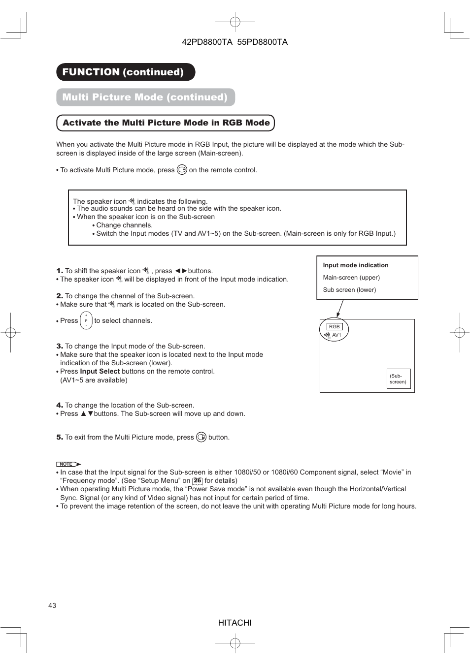 Activate the multi picture mode in rgb mode | Hitachi 42PD8800TA User Manual | Page 45 / 62