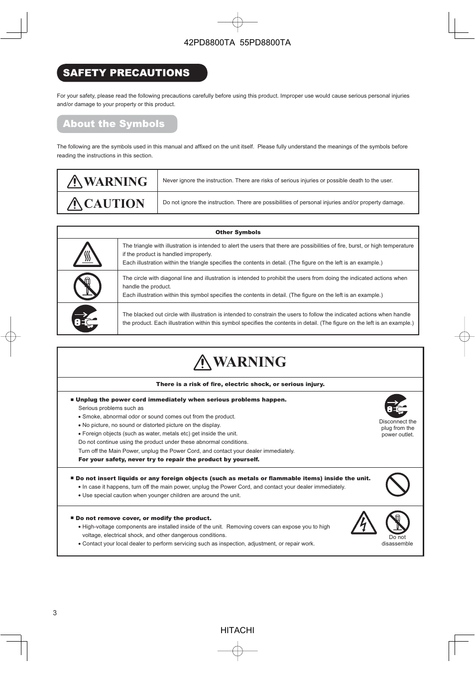 Warning, Caution, Safety precautions | About the symbols | Hitachi 42PD8800TA User Manual | Page 5 / 62