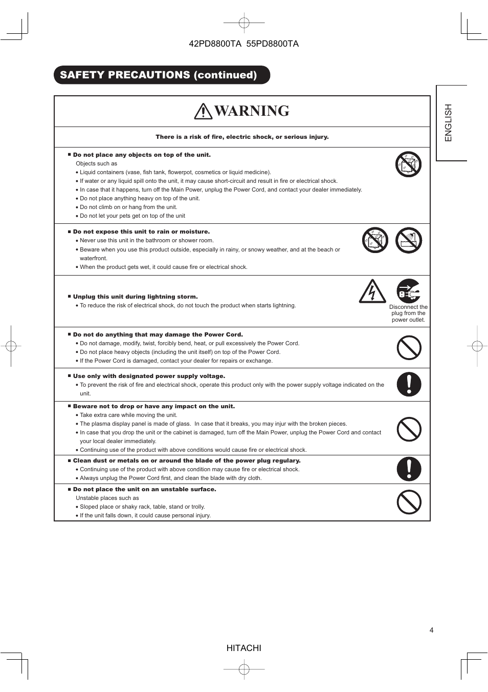 Warning, Safety precautions (continued), English | Hitachi 42PD8800TA User Manual | Page 6 / 62