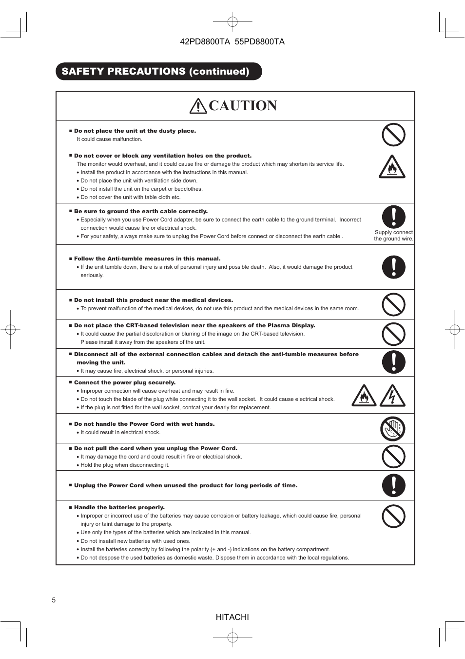 Caution, Safety precautions (continued) | Hitachi 42PD8800TA User Manual | Page 7 / 62
