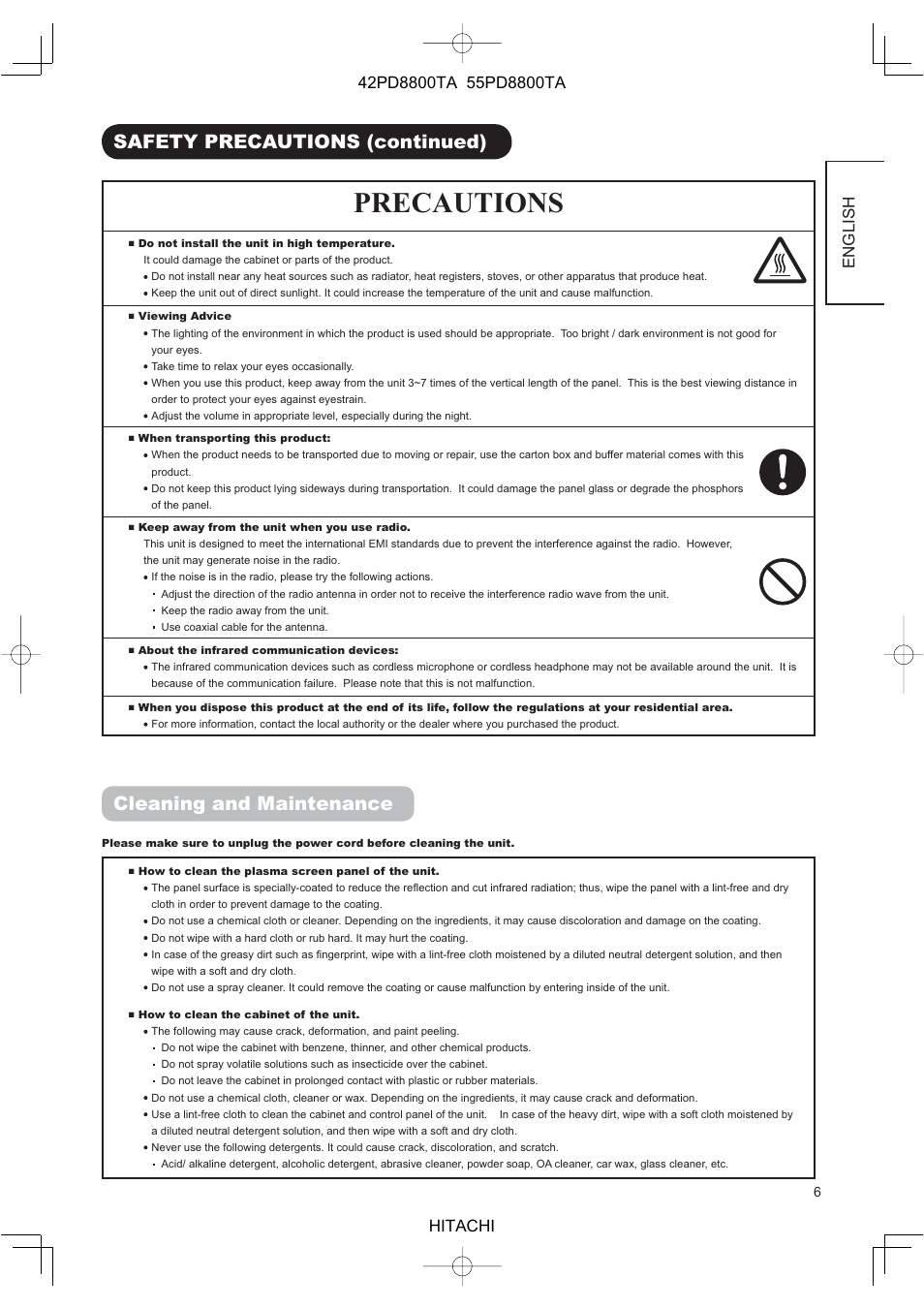 Precautions, Safety precautions (continued), Cleaning and maintenance | English | Hitachi 42PD8800TA User Manual | Page 8 / 62