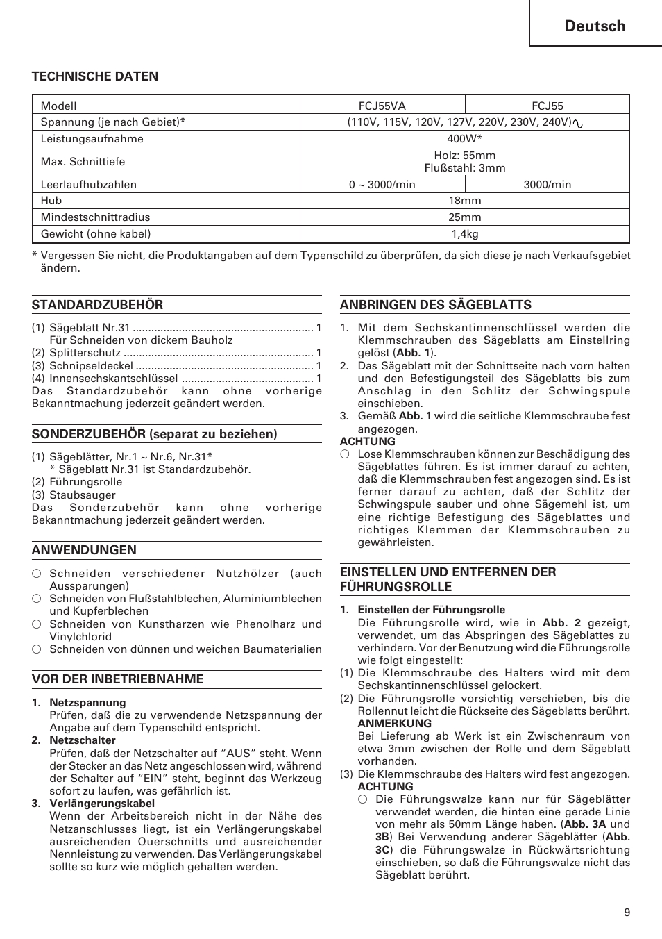 Deutsch | Hitachi FCJ 55 User Manual | Page 11 / 30