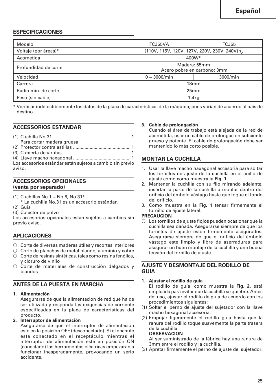 Español | Hitachi FCJ 55 User Manual | Page 27 / 30