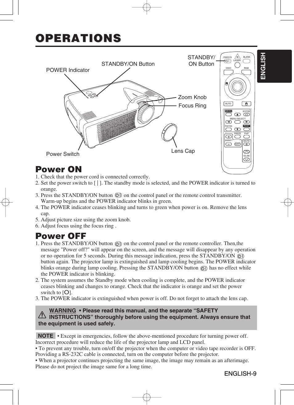 Operations, Power on, Power off | English-9 english english-9 | Hitachi CP-X430W User Manual | Page 11 / 40