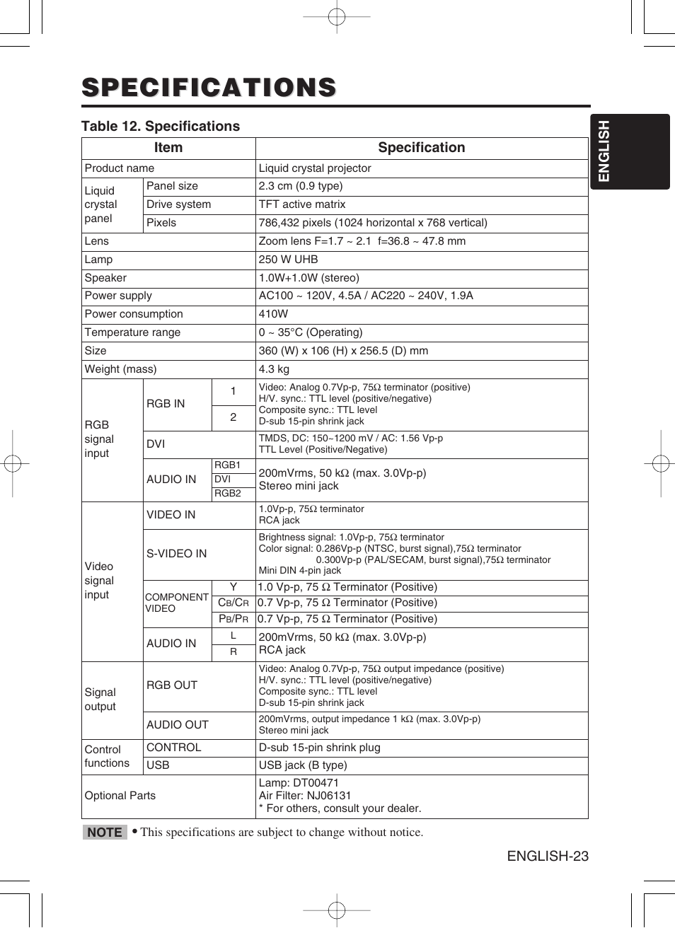 Specifications, English english-23, Table 12. specifications | Item specification | Hitachi CP-X430W User Manual | Page 25 / 40