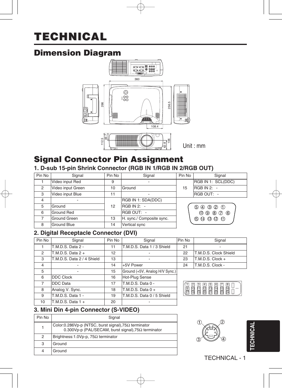 Technical, Dimension diagram, Signal connector pin assignment | Unit : mm, Technical - 1, Mini din 4-pin connector (s-video), Digital receptacle connector (dvi) | Hitachi CP-X430W User Manual | Page 27 / 40