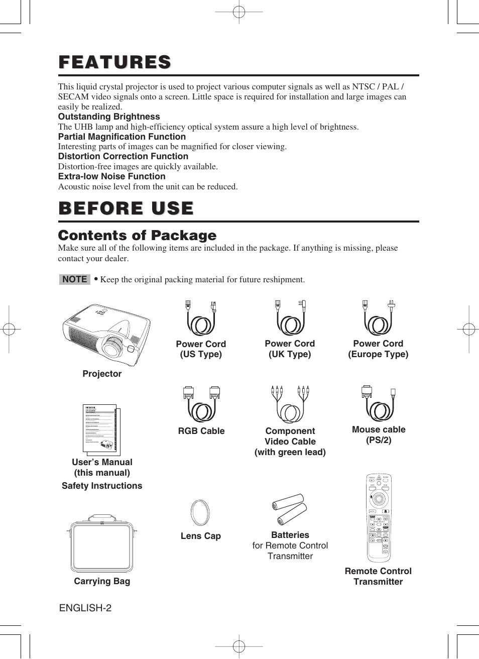 Features, Before use, Contents of package | English-2 | Hitachi CP-X430W User Manual | Page 4 / 40