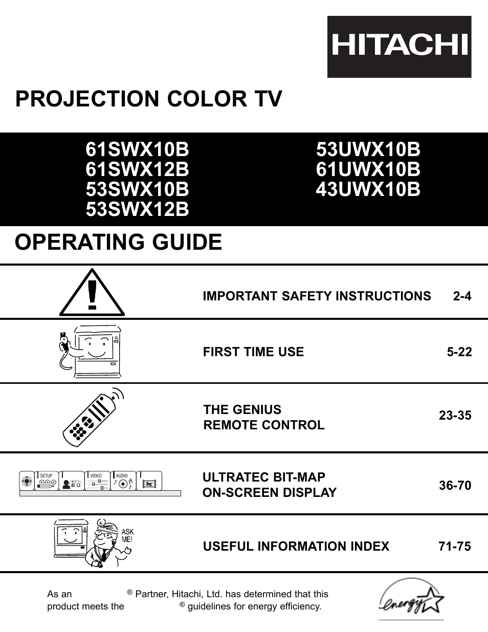 Hitachi UltraVision UWX Series 61UWX10B User Manual | 76 pages