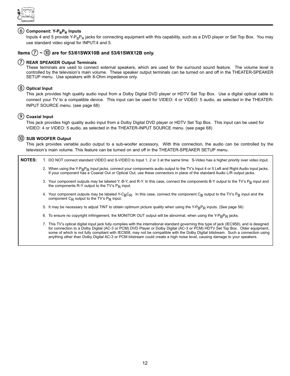 Rear panel jacks | Hitachi UltraVision UWX Series 61UWX10B User Manual | Page 12 / 76