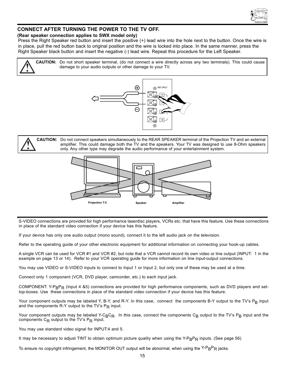 Rear speaker terminal connections, Tips on rear panel connections | Hitachi UltraVision UWX Series 61UWX10B User Manual | Page 15 / 76