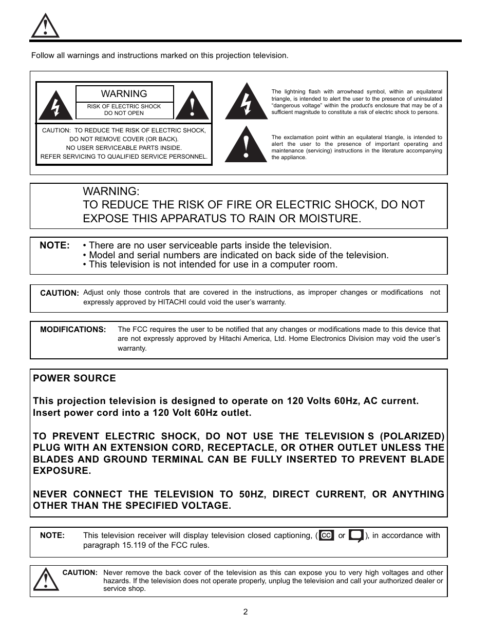 Important | Hitachi UltraVision UWX Series 61UWX10B User Manual | Page 2 / 76