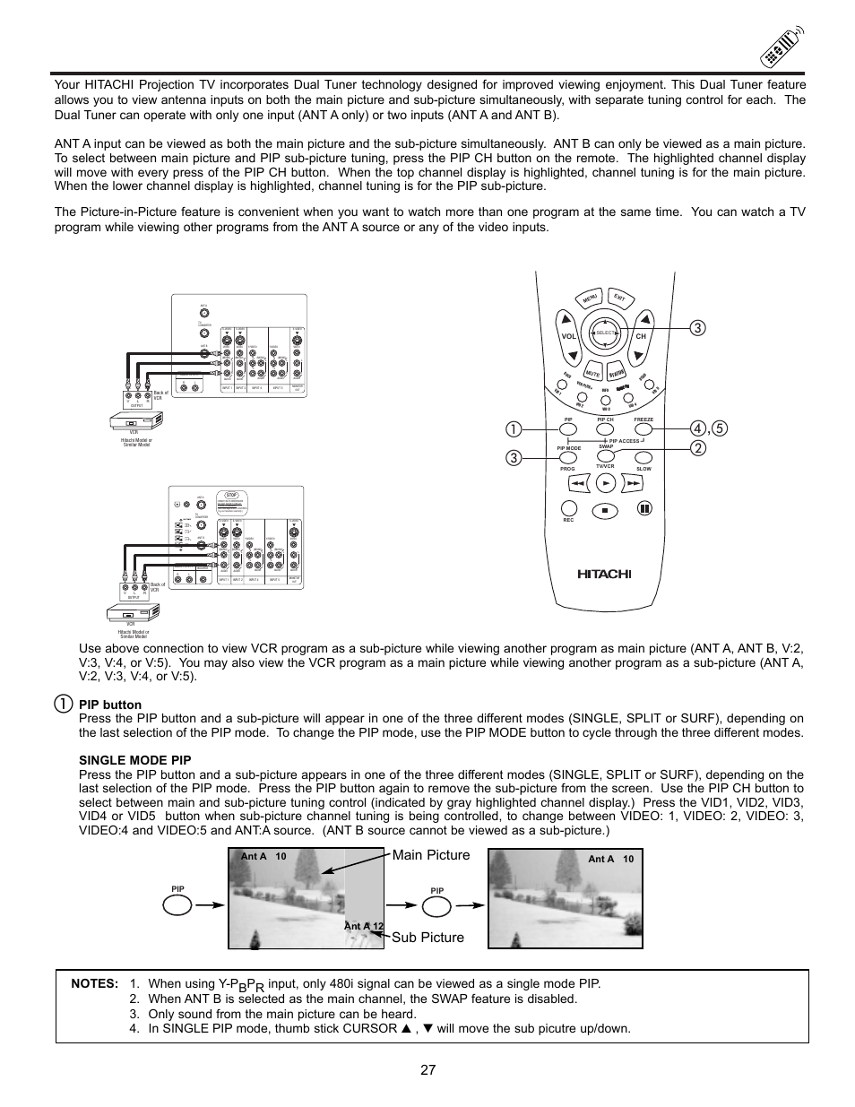 Picture-in-picture (pip), Main picture sub picture, Use thumb stick to move pip inset | Ant a 10, Ant a 12 | Hitachi UltraVision UWX Series 61UWX10B User Manual | Page 27 / 76