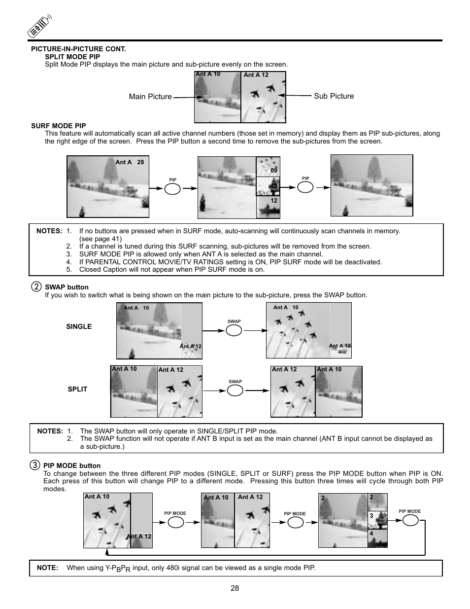 Picture-in-picture (pip) | Hitachi UltraVision UWX Series 61UWX10B User Manual | Page 28 / 76