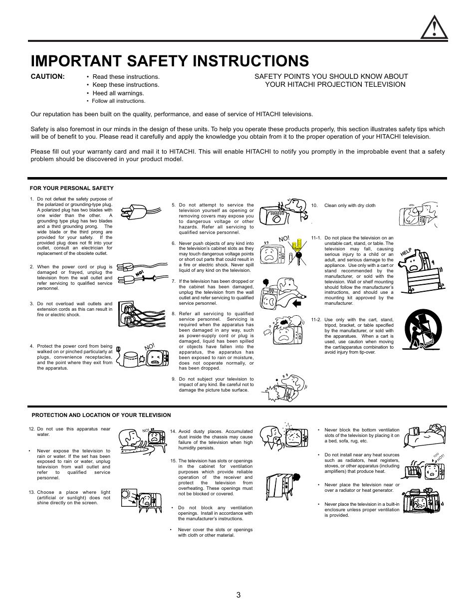 Important safety instructions, Safety tips, Caution | Safety points you should know about, Your hitachi projection television | Hitachi UltraVision UWX Series 61UWX10B User Manual | Page 3 / 76