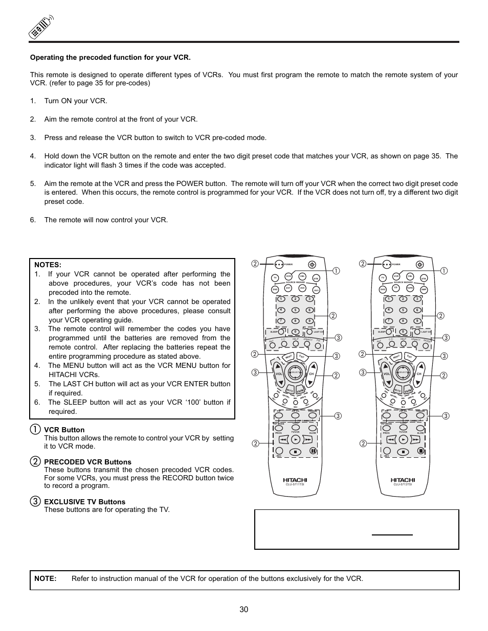 Using the remote to control vcr functions, My vcr code is | Hitachi UltraVision UWX Series 61UWX10B User Manual | Page 30 / 76