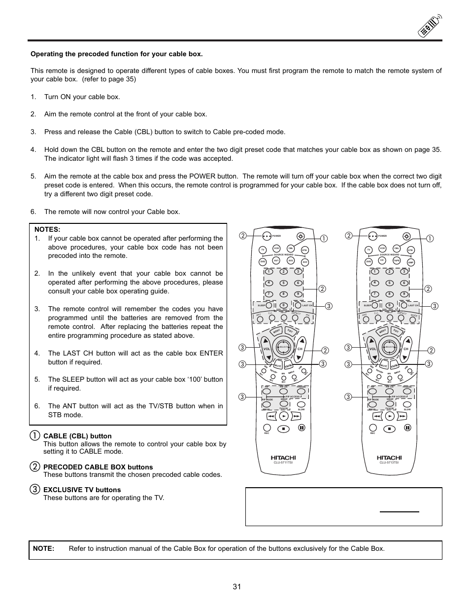 Using the remote to control cable box functions, My cable box code is | Hitachi UltraVision UWX Series 61UWX10B User Manual | Page 31 / 76