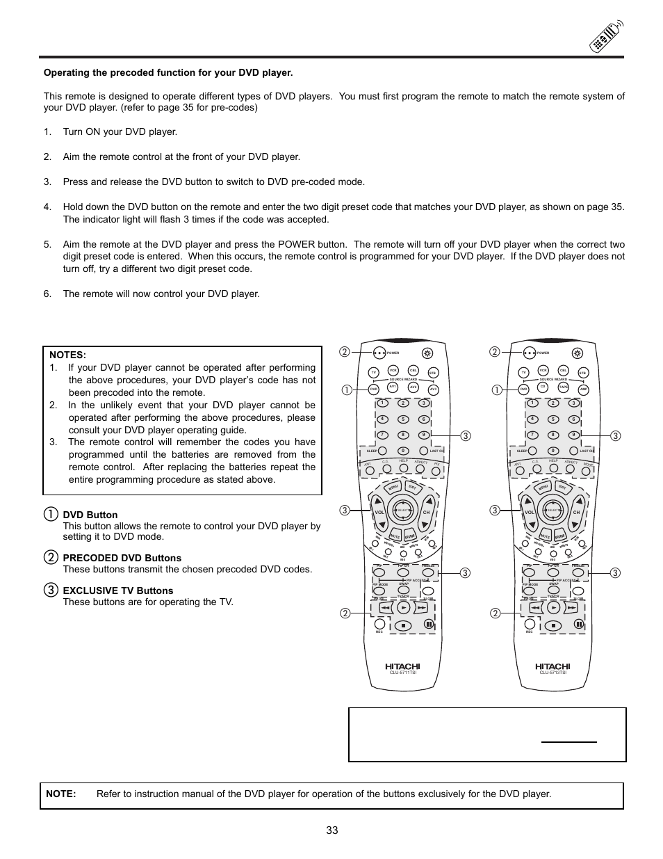 Using the remote to control dvd functions, My dvd player code is | Hitachi UltraVision UWX Series 61UWX10B User Manual | Page 33 / 76