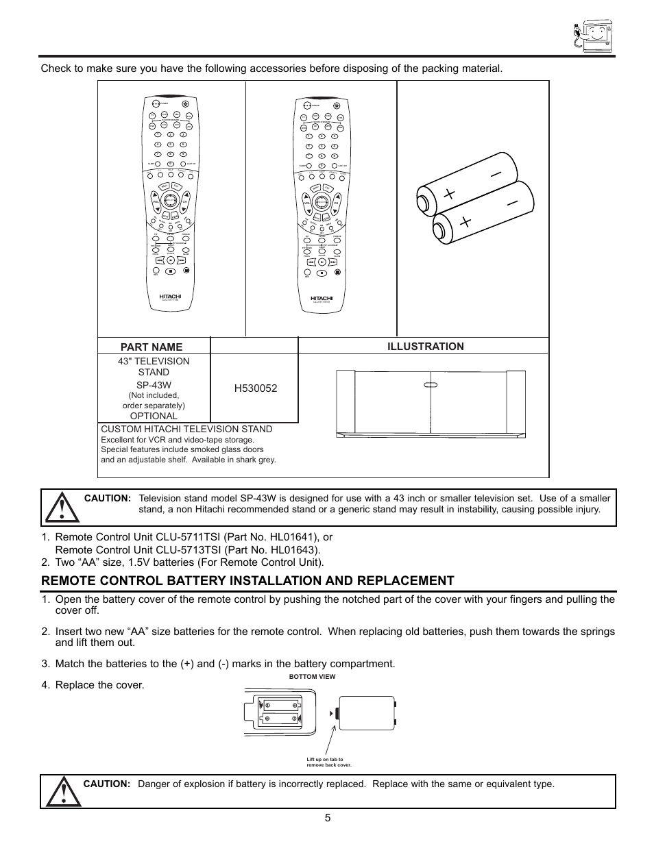 Accessories, Part name part no. illustration, 43" television stand sp-43w | Optional, Custom hitachi television stand, Not included, order separately), Bottom view | Hitachi UltraVision UWX Series 61UWX10B User Manual | Page 5 / 76