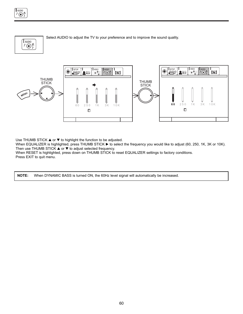 Audio, Thumb stick thumb stick | Hitachi UltraVision UWX Series 61UWX10B User Manual | Page 60 / 76