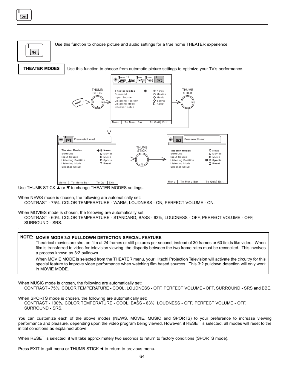 Theater | Hitachi UltraVision UWX Series 61UWX10B User Manual | Page 64 / 76