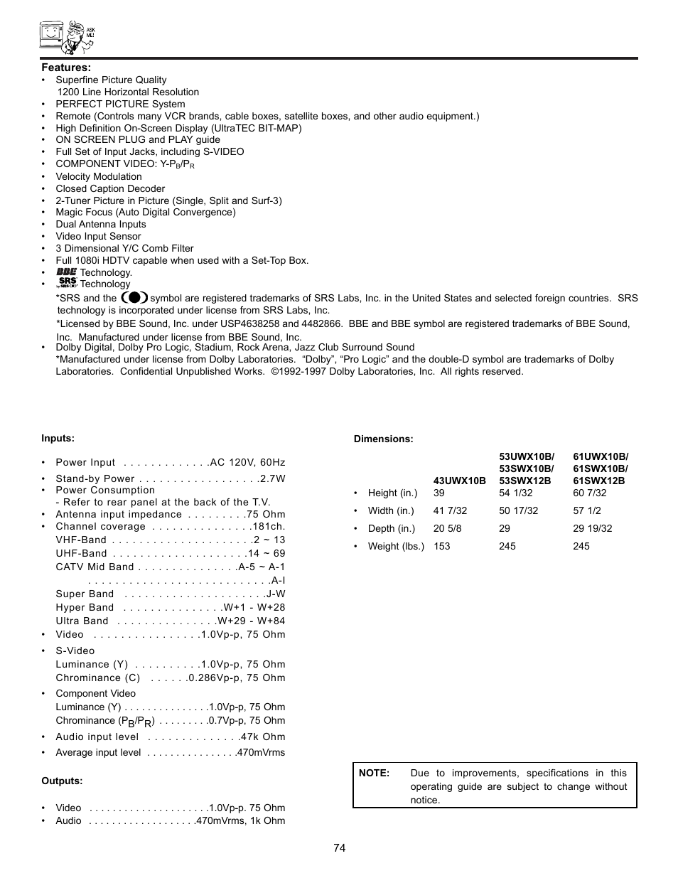 Useful info | Hitachi UltraVision UWX Series 61UWX10B User Manual | Page 74 / 76