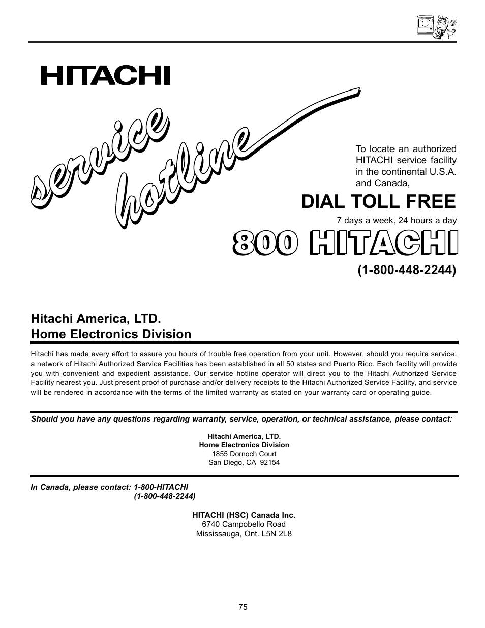 Service ser vic e, 800 hitachi | Hitachi UltraVision UWX Series 61UWX10B User Manual | Page 75 / 76