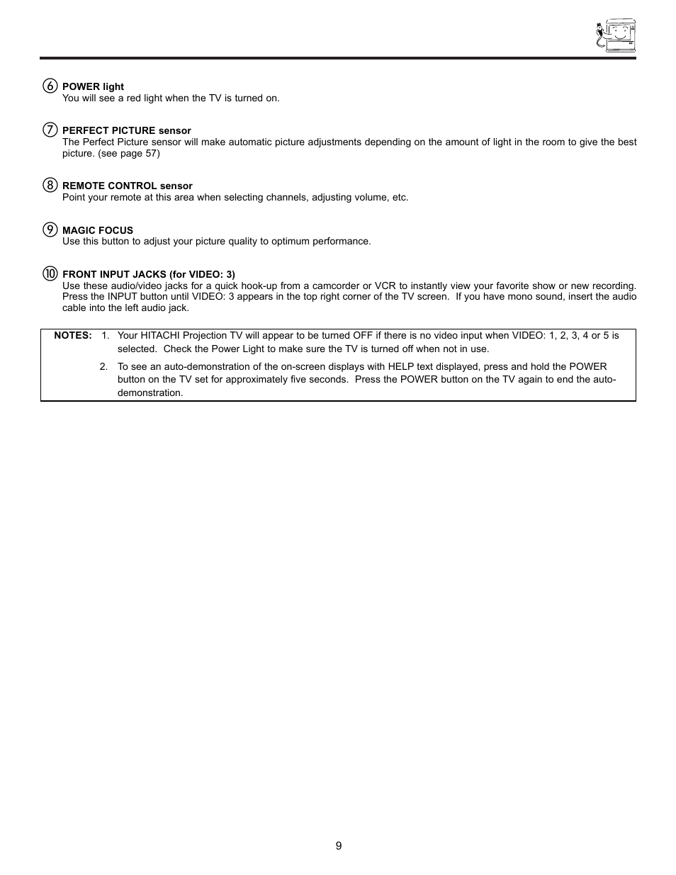 Front panel controls | Hitachi UltraVision UWX Series 61UWX10B User Manual | Page 9 / 76