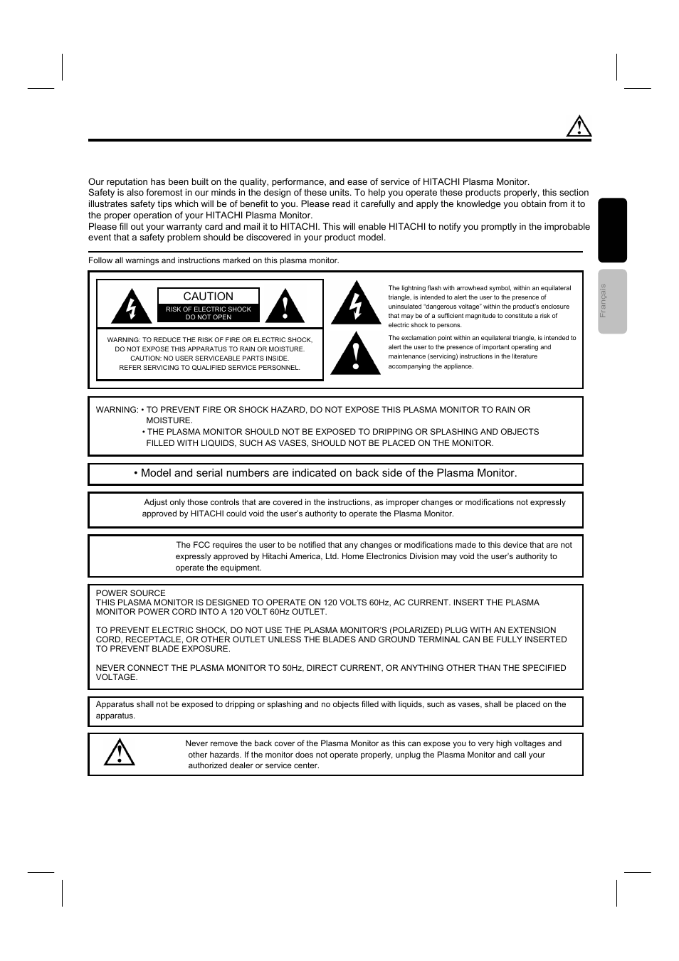 Important safety instructions | Hitachi 42HDM12 User Manual | Page 2 / 38